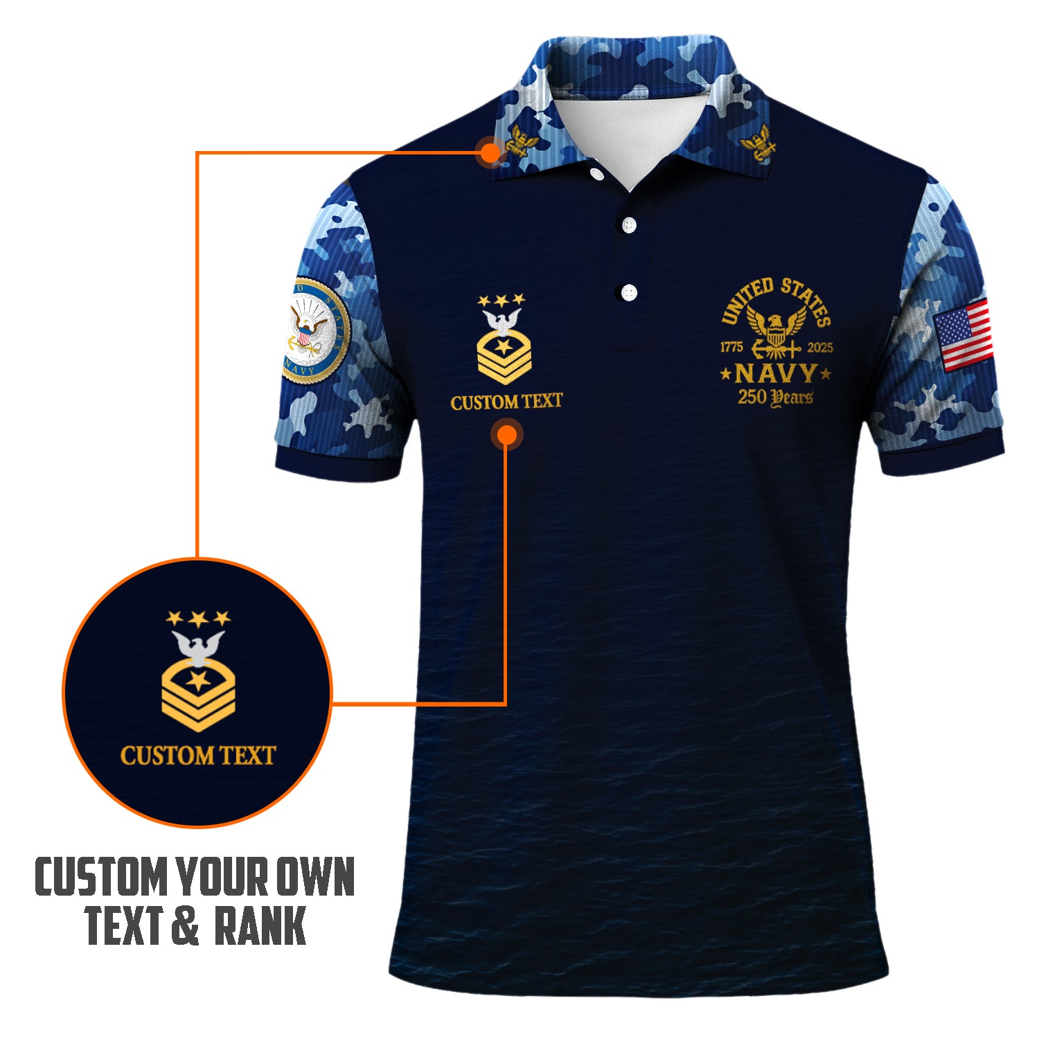 US Navy 250th Anniversary Polo Shirt – Custom Rank & Text with Camo Sleeves