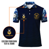 US Navy 250th Anniversary Polo Shirt – Custom Rank & Text with Camo Sleeves