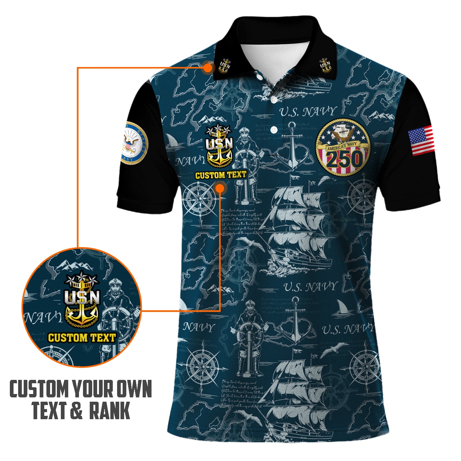 US Navy 250th Anniversary Polo Shirt – Ship Map Design with Custom Rank