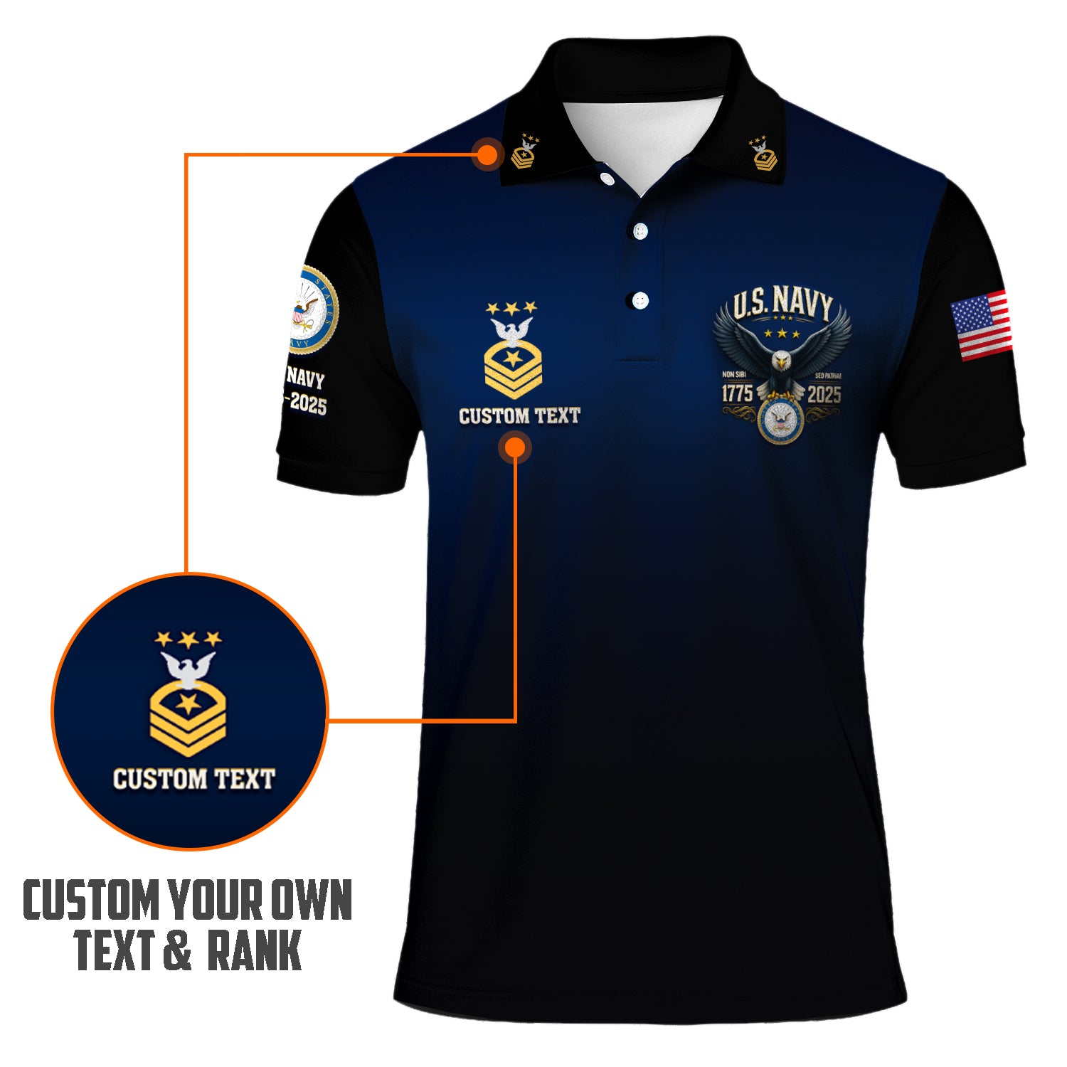 US Navy 250th Anniversary Polo Shirt – Gradient Design with Custom Rank & Text