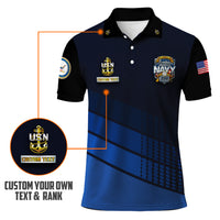 US Navy 250th Anniversary Polo Shirt – Modern Blue Design with Custom Rank
