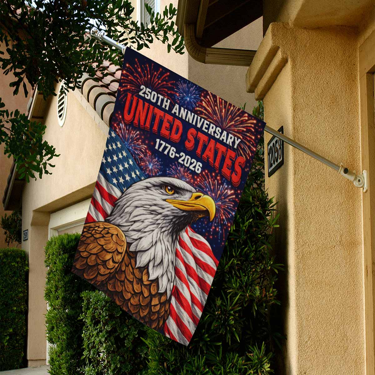 USA 250 House Flag Patriotic Eagle Independence Fireworks Flag Decor