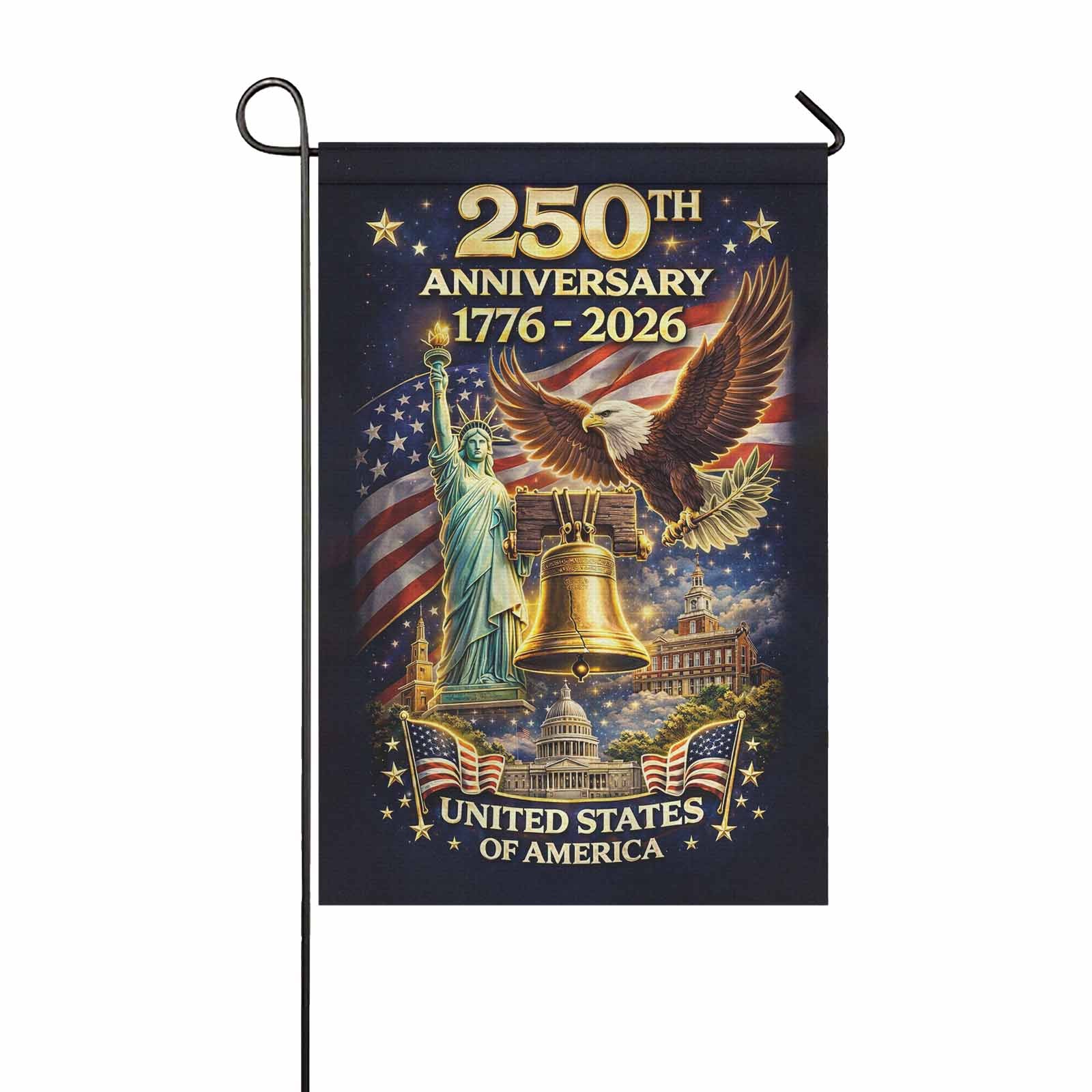 United States 250th Anniversary Garden Flag – Liberty Bell & Statue Design