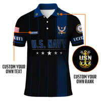 US Navy Polo Shirt – Black & Blue Stripes with Stars Custom Rank