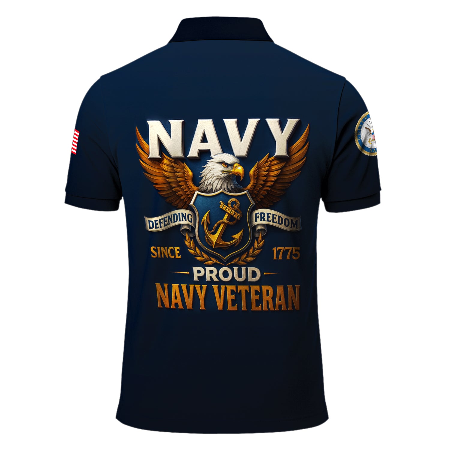 US Navy Veteran Polo Shirt – 250th Anniversary Custom Rank & Text