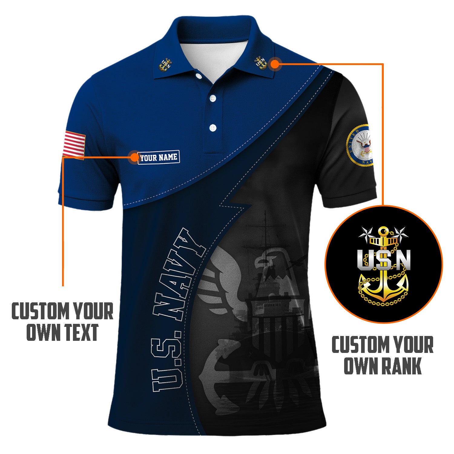 US Navy Polo Shirt – Warship & Eagle Shadow Design with Custom Rank