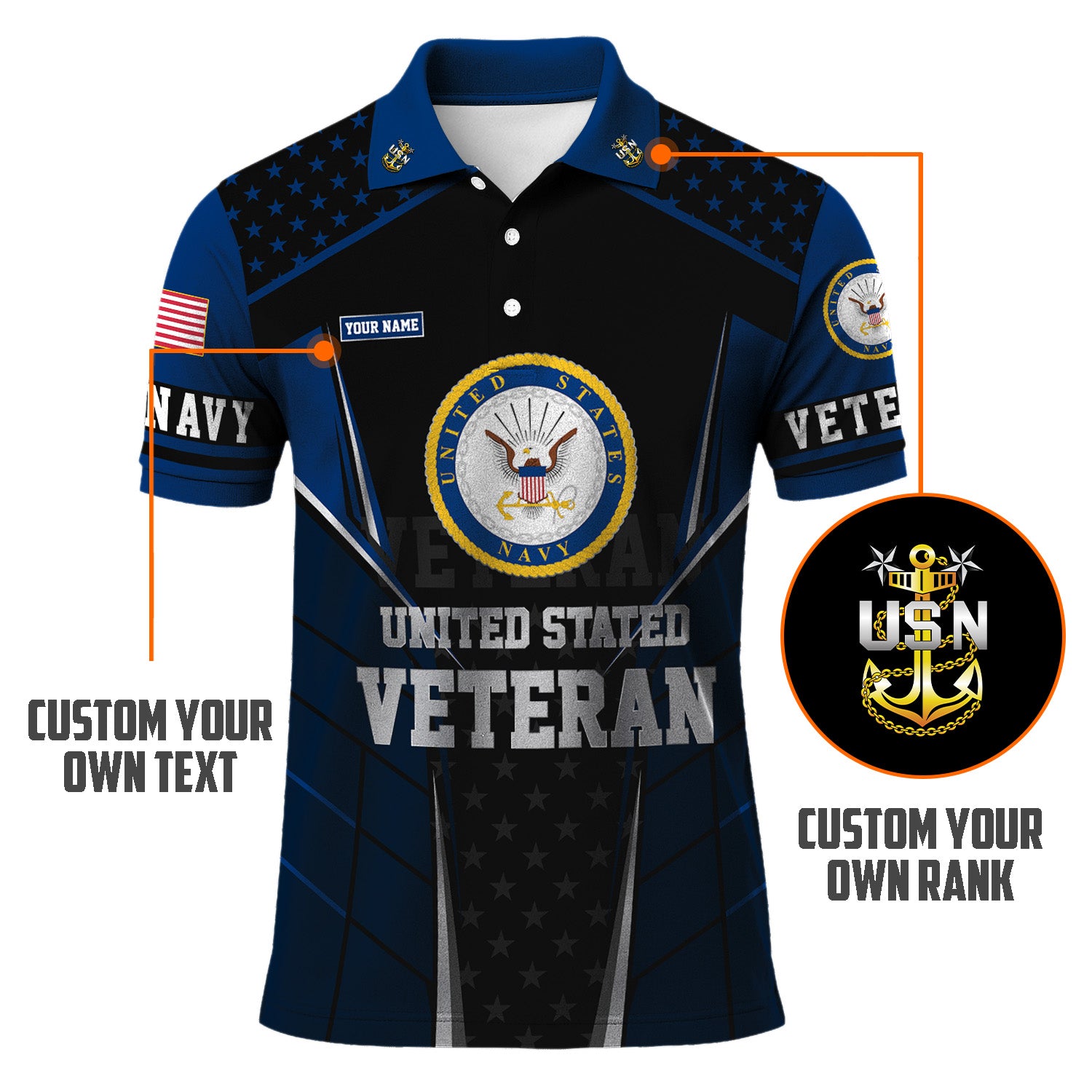 US Navy Veteran Polo Shirt – Bold Crest & Custom Rank Tribute Edition