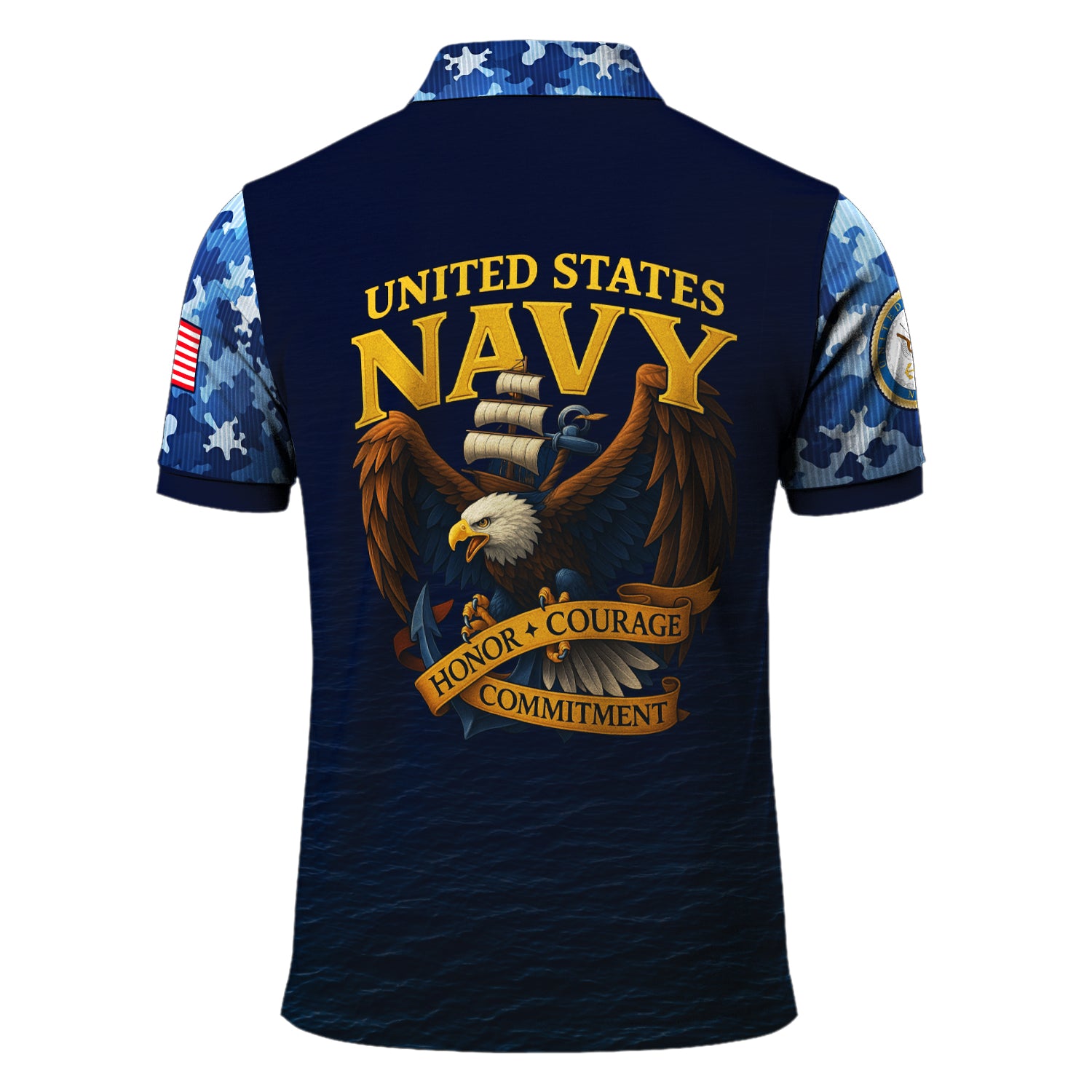 US Navy 250th Anniversary Polo Shirt – Custom Rank & Text with Camo Sleeves