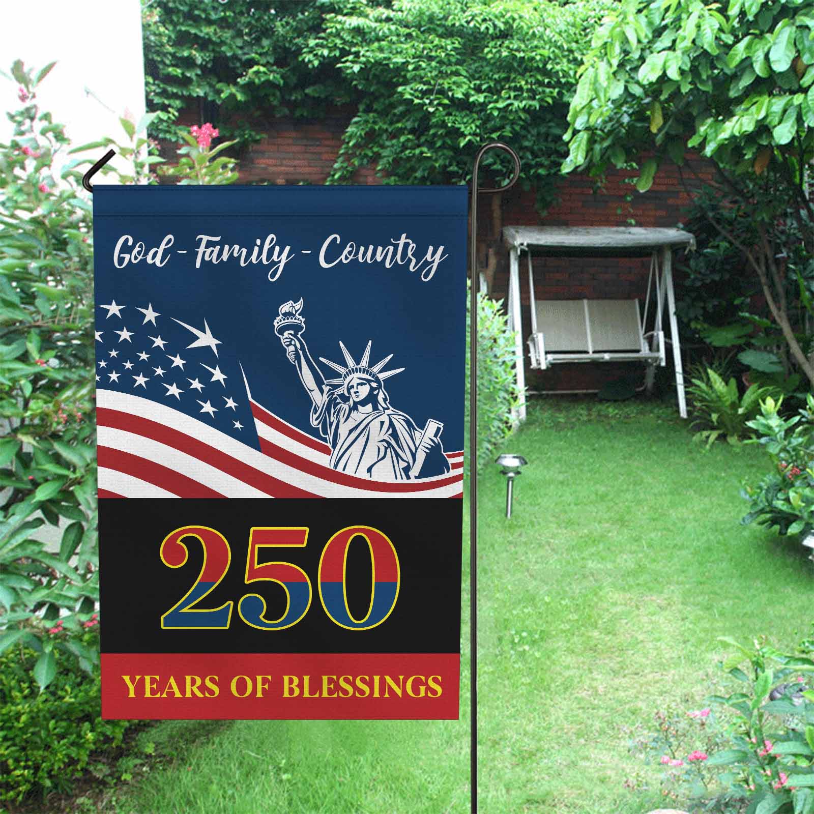 God Family Country Garden Flag – America 250 Faith Patriotic Blessings Flag