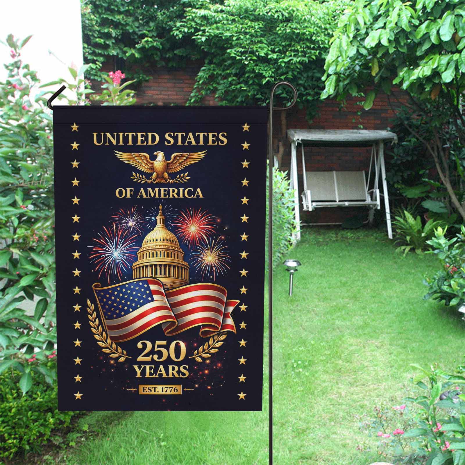 United States 250 Years Garden Flag – Capitol Fireworks Patriotic Decor
