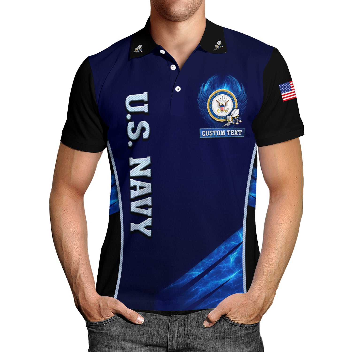 US Navy Polo Shirt – Bold Vertical Text & Navy Seal