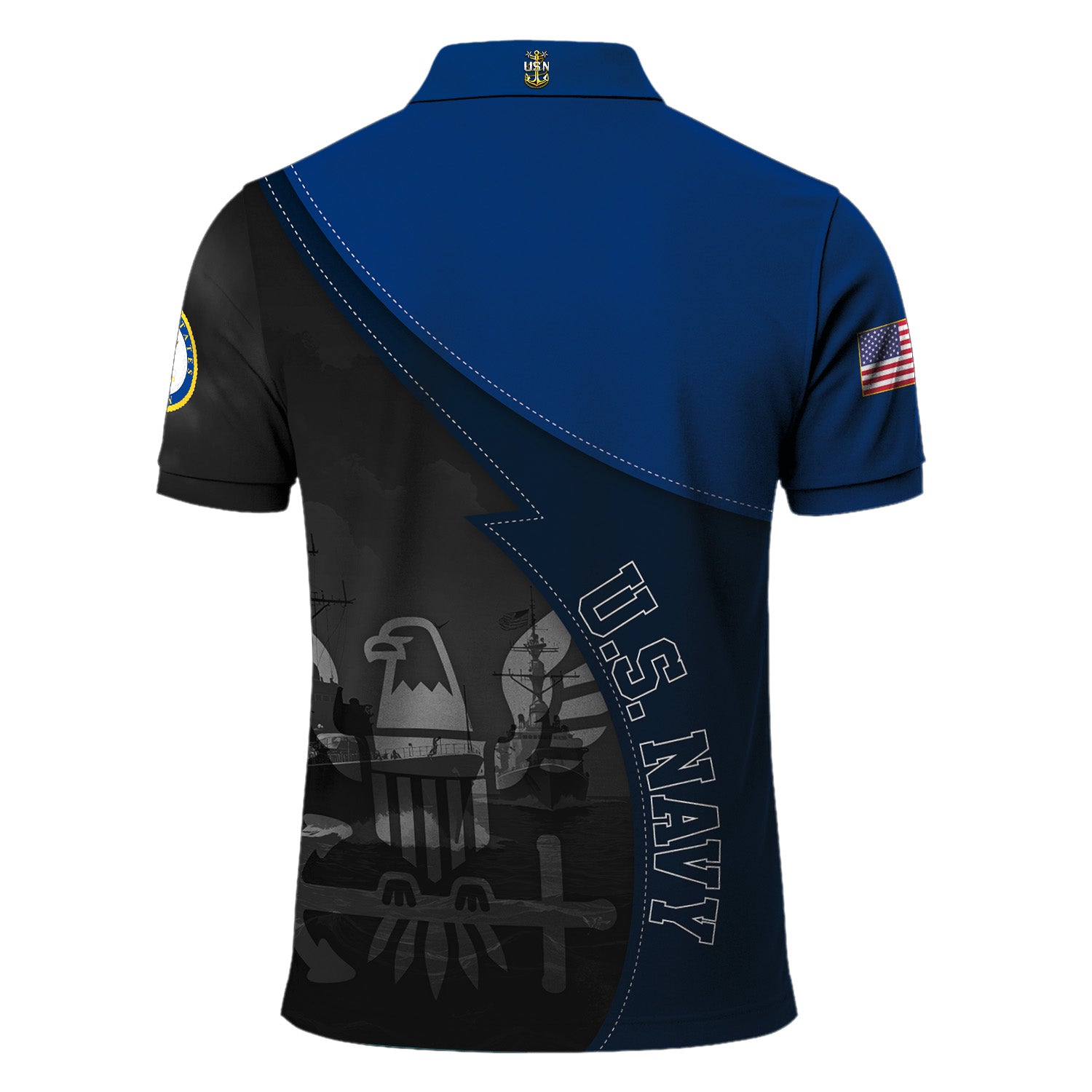 US Navy Polo Shirt – Warship & Eagle Shadow Design with Custom Rank