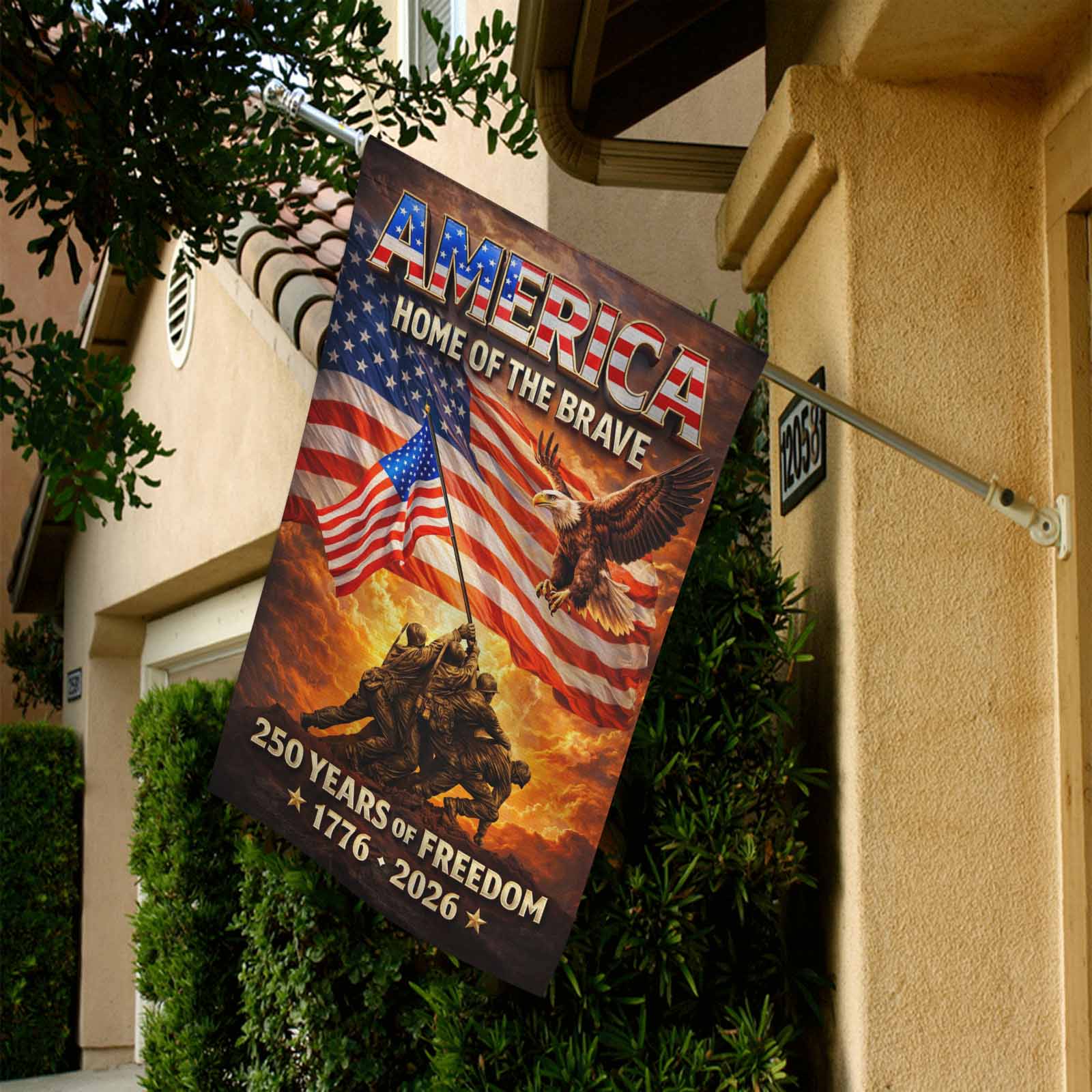 America 250 Home of the Brave Garden Flag – 1776–2026 Patriotic Military Tribute Yard Decor
