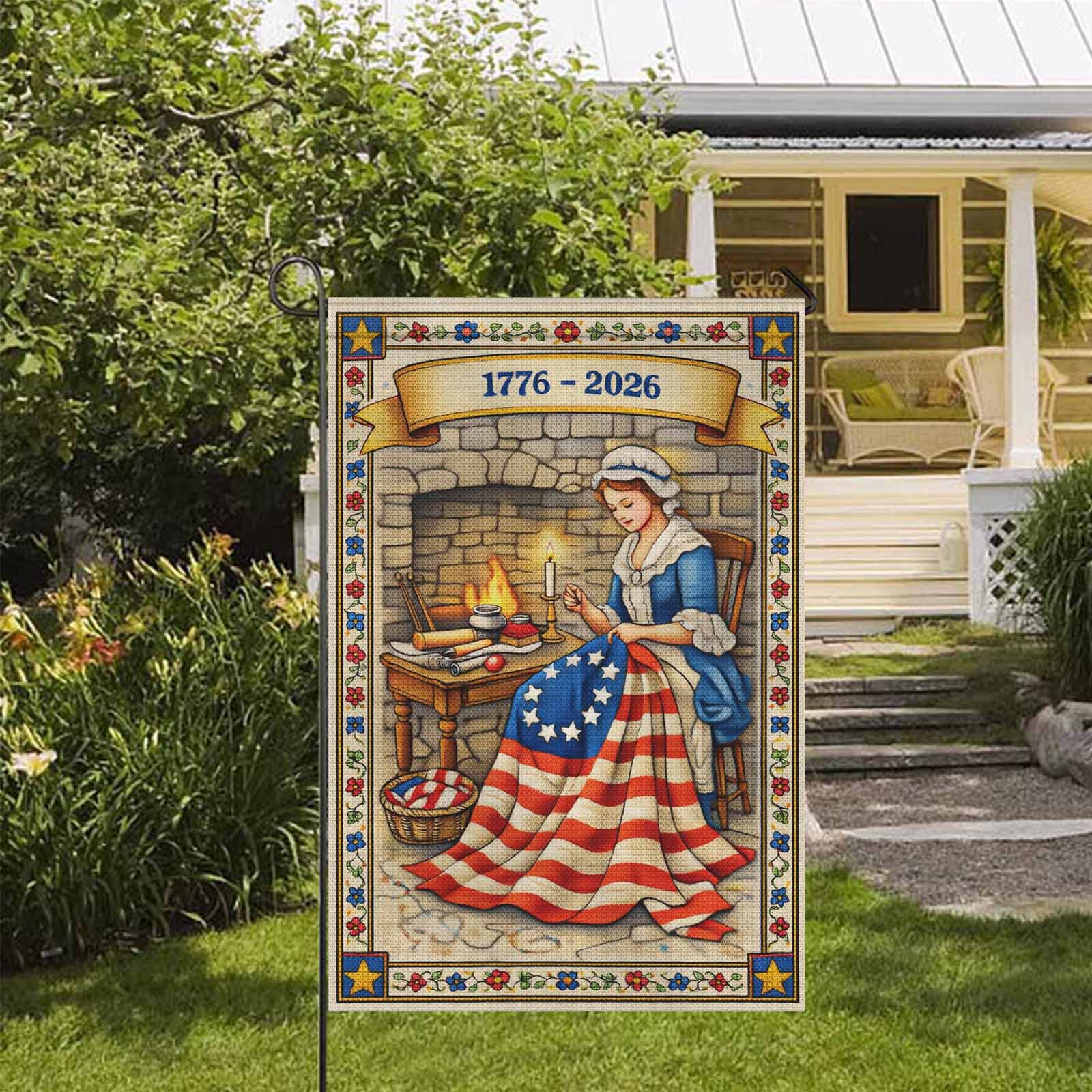 America 250 Garden Flag Betsy Ross Sewing American Flag 1776-2026 Patriotic Yard Decor