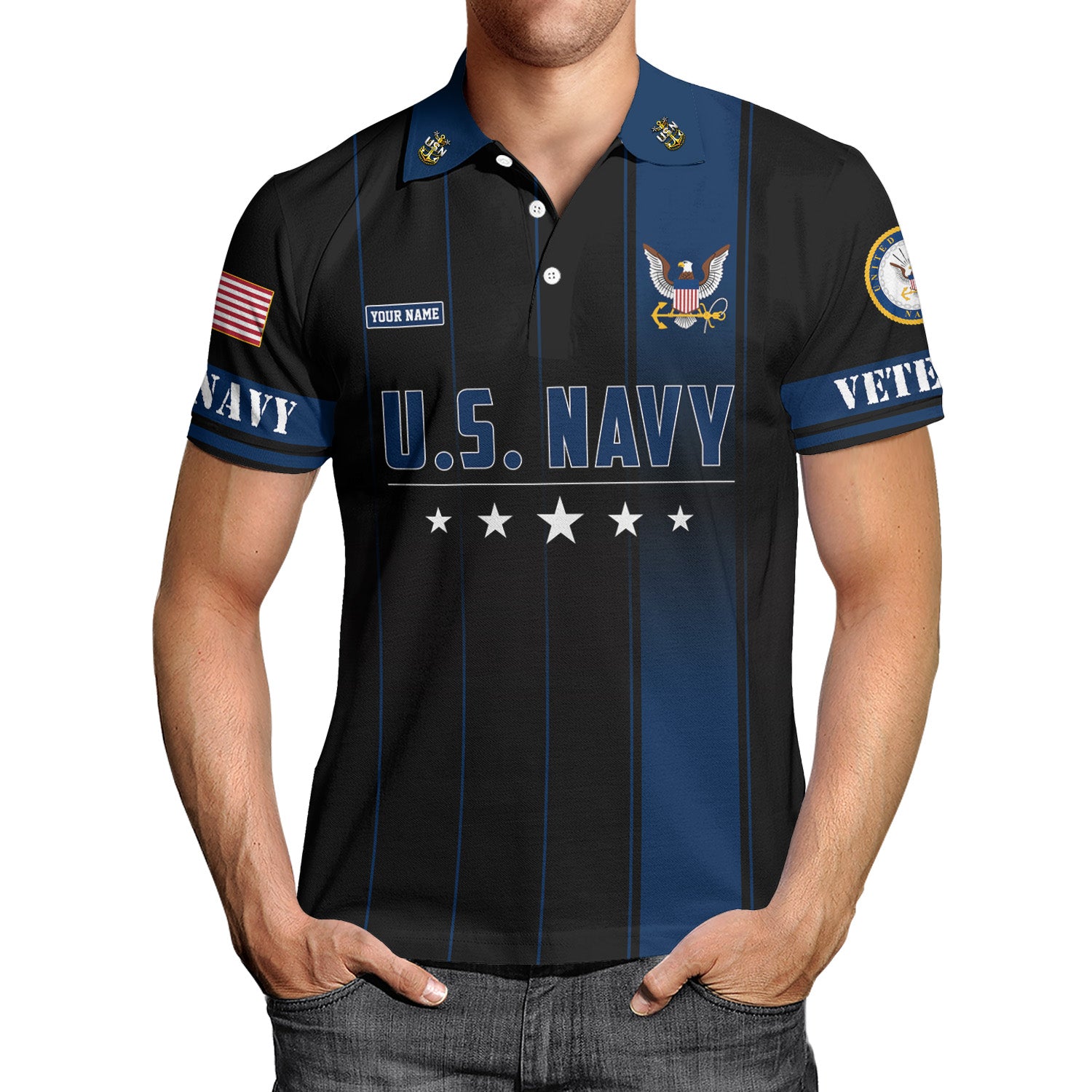 US Navy Polo Shirt – Black & Blue Stripes with Stars Custom Rank