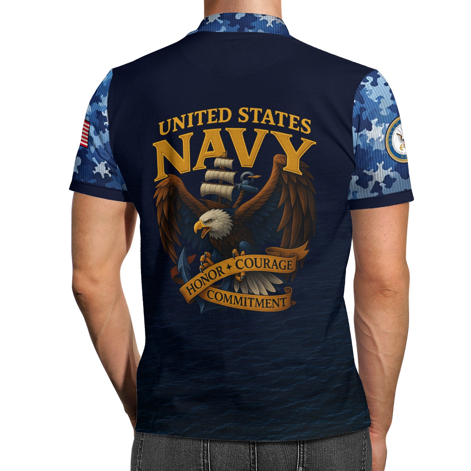 US Navy 250th Anniversary Polo Shirt – Custom Rank & Text with Camo Sleeves