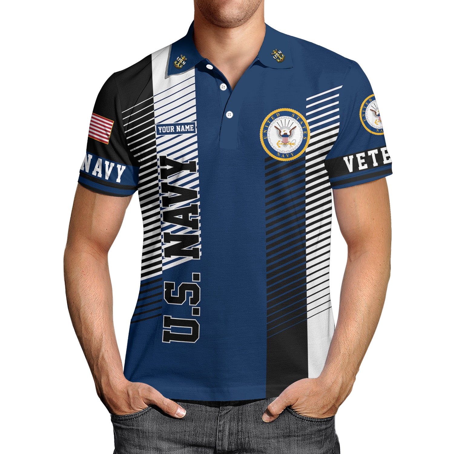 US Navy Veteran Polo Shirt – Modern Stripe Design with Custom Rank & Text
