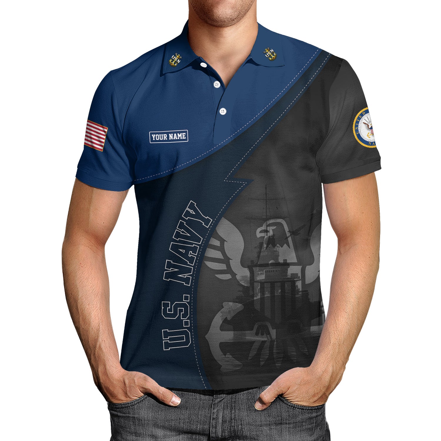 US Navy Polo Shirt – Warship & Eagle Shadow Design with Custom Rank