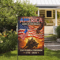 America 250 Home of the Brave Garden Flag – 1776–2026 Patriotic Military Tribute Yard Decor