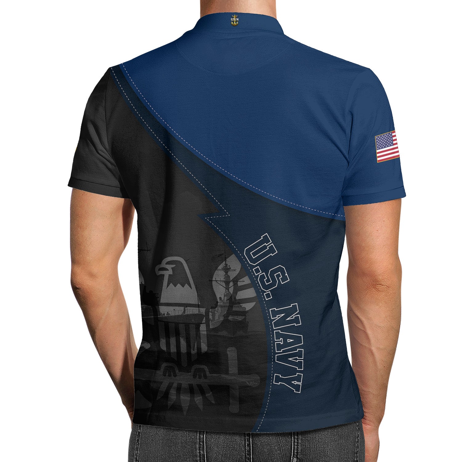 US Navy Polo Shirt – Warship & Eagle Shadow Design with Custom Rank