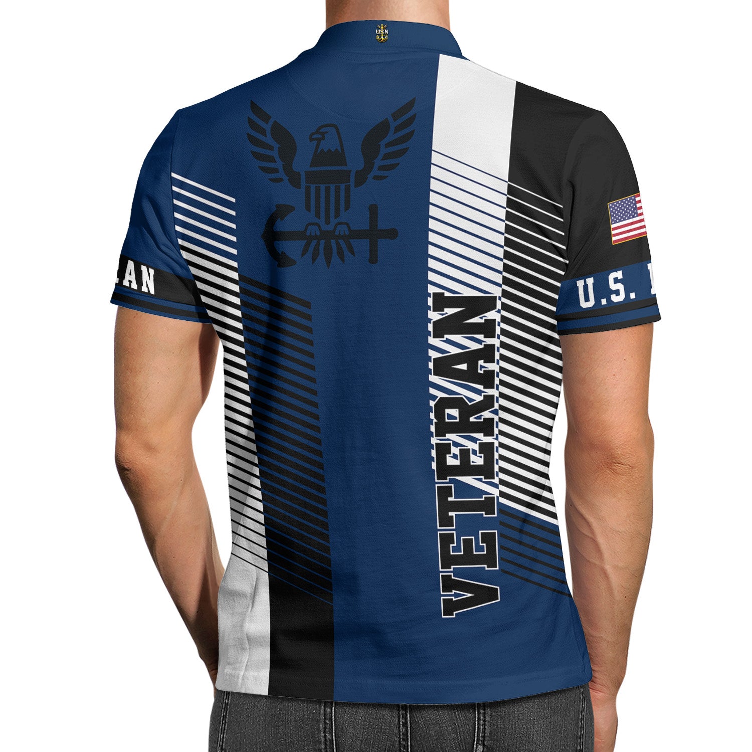 US Navy Veteran Polo Shirt – Modern Stripe Design with Custom Rank & Text