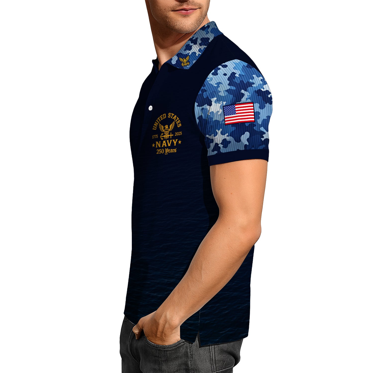 US Navy 250th Anniversary Polo Shirt – Custom Rank & Text with Camo Sleeves