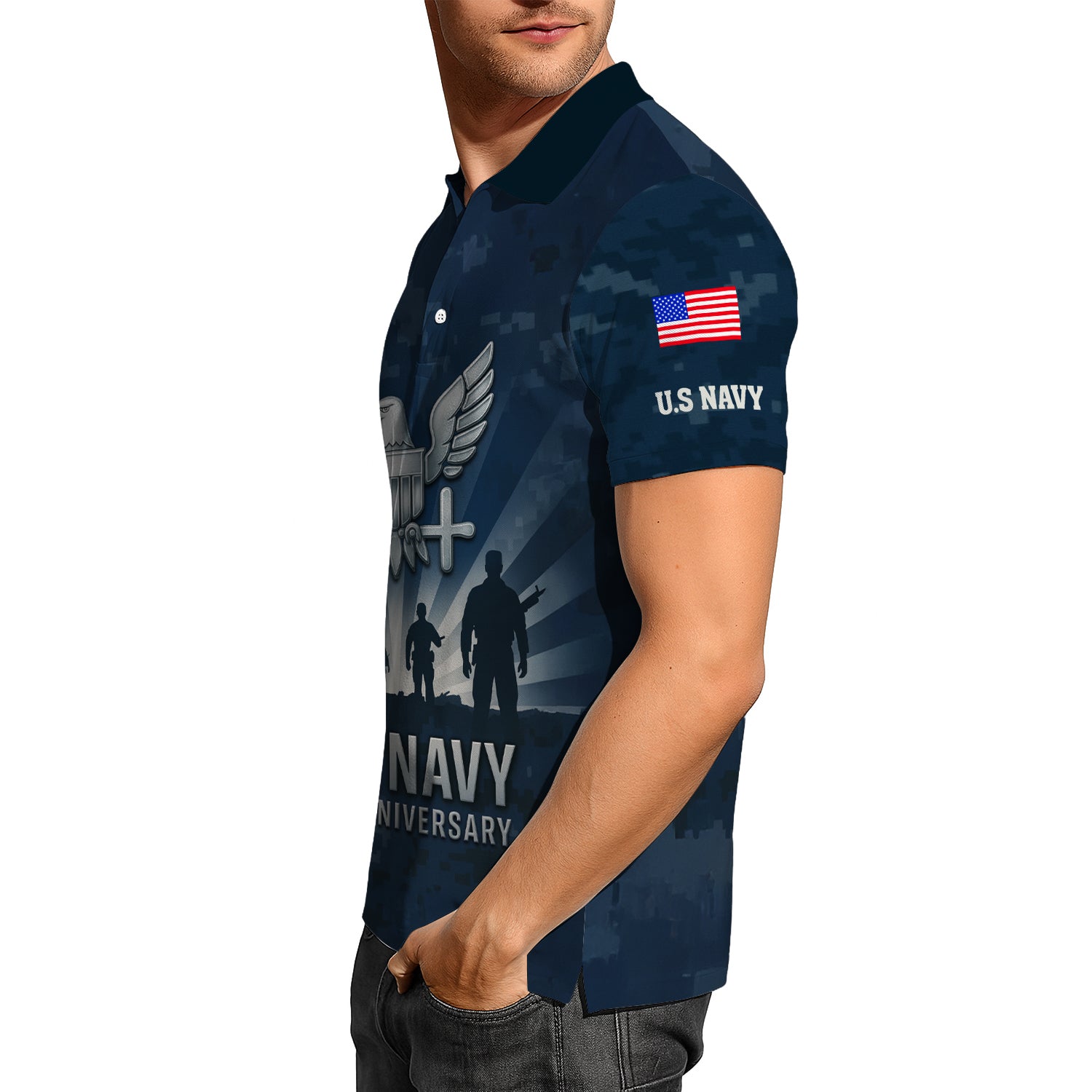 US Navy 250th Anniversary Polo Shirt – Eagle Emblem & Sailor Silhouette