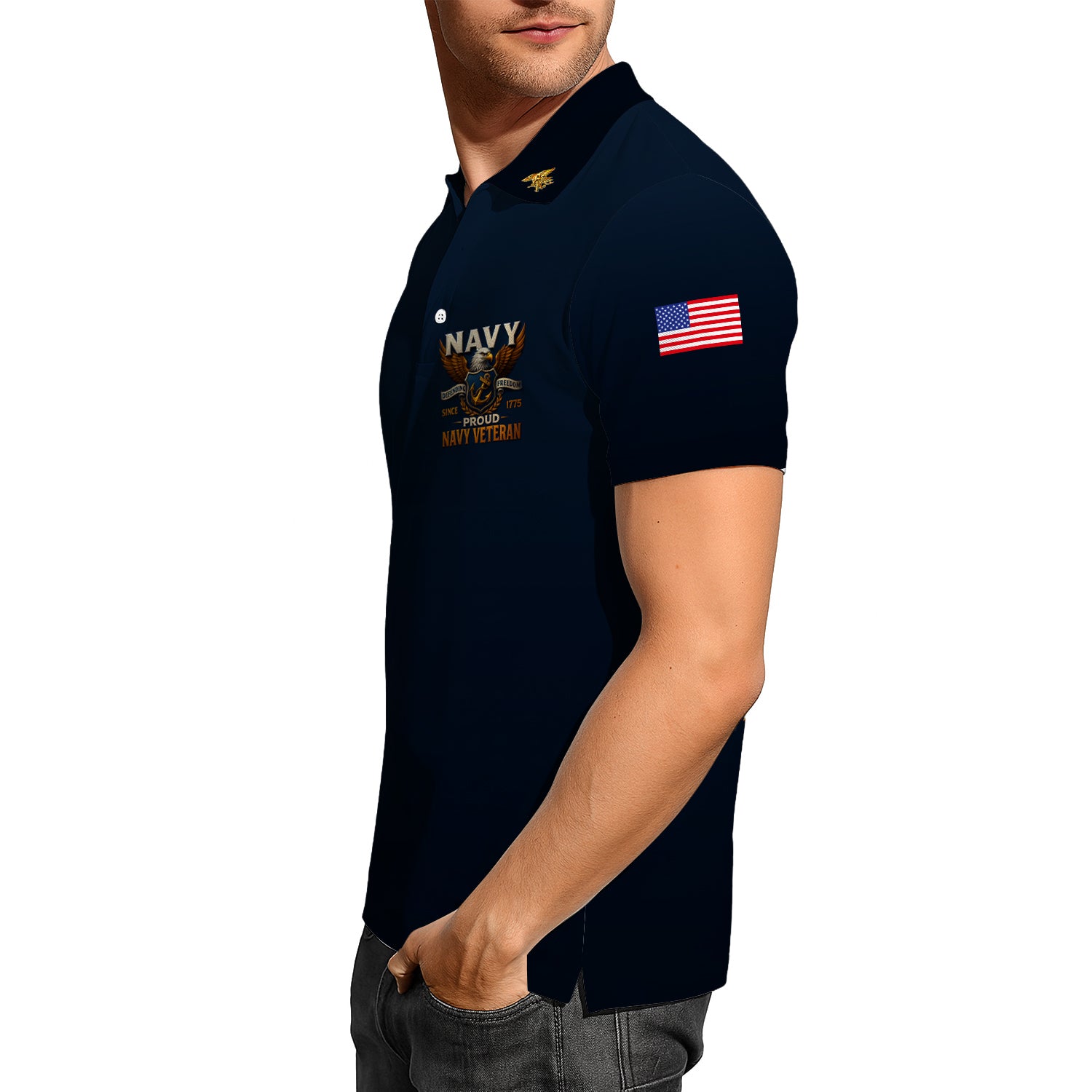 US Navy Veteran Polo Shirt – 250th Anniversary Custom Rank & Text