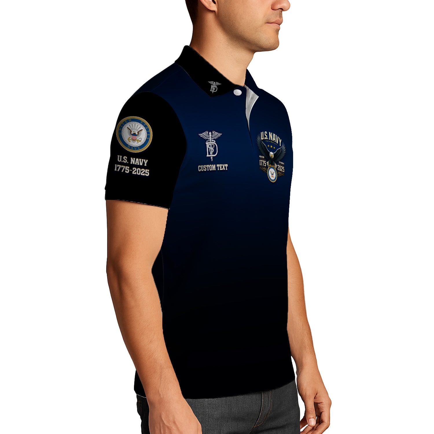 US Navy 250th Anniversary Polo Shirt – Gradient Design with Custom Rank & Text
