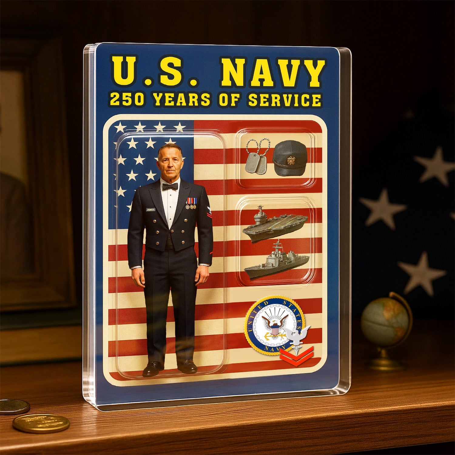Personalized US Navy 250th Years Of Service Custom Figure Uniform Acrylic Block