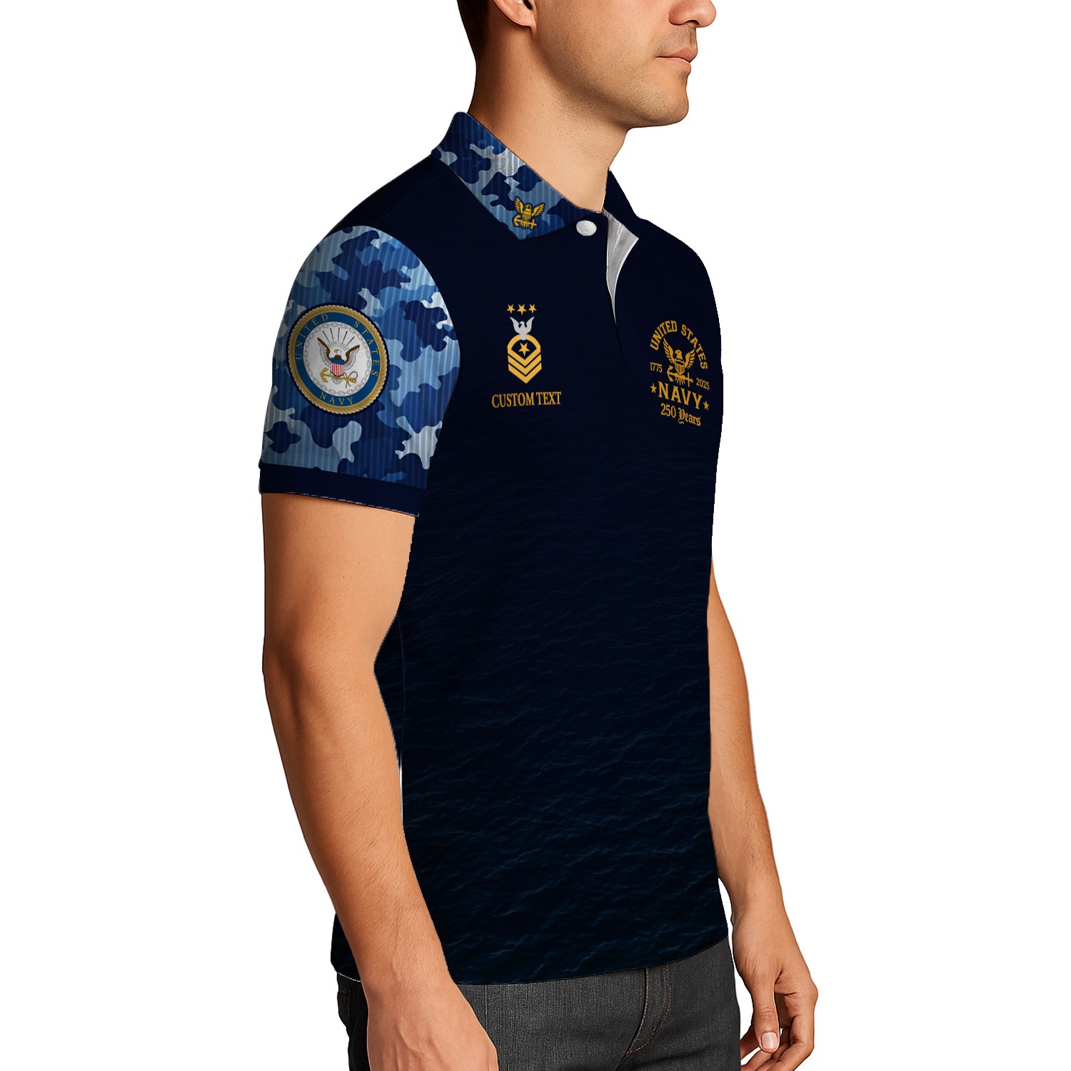 US Navy 250th Anniversary Polo Shirt – Custom Rank & Text with Camo Sleeves