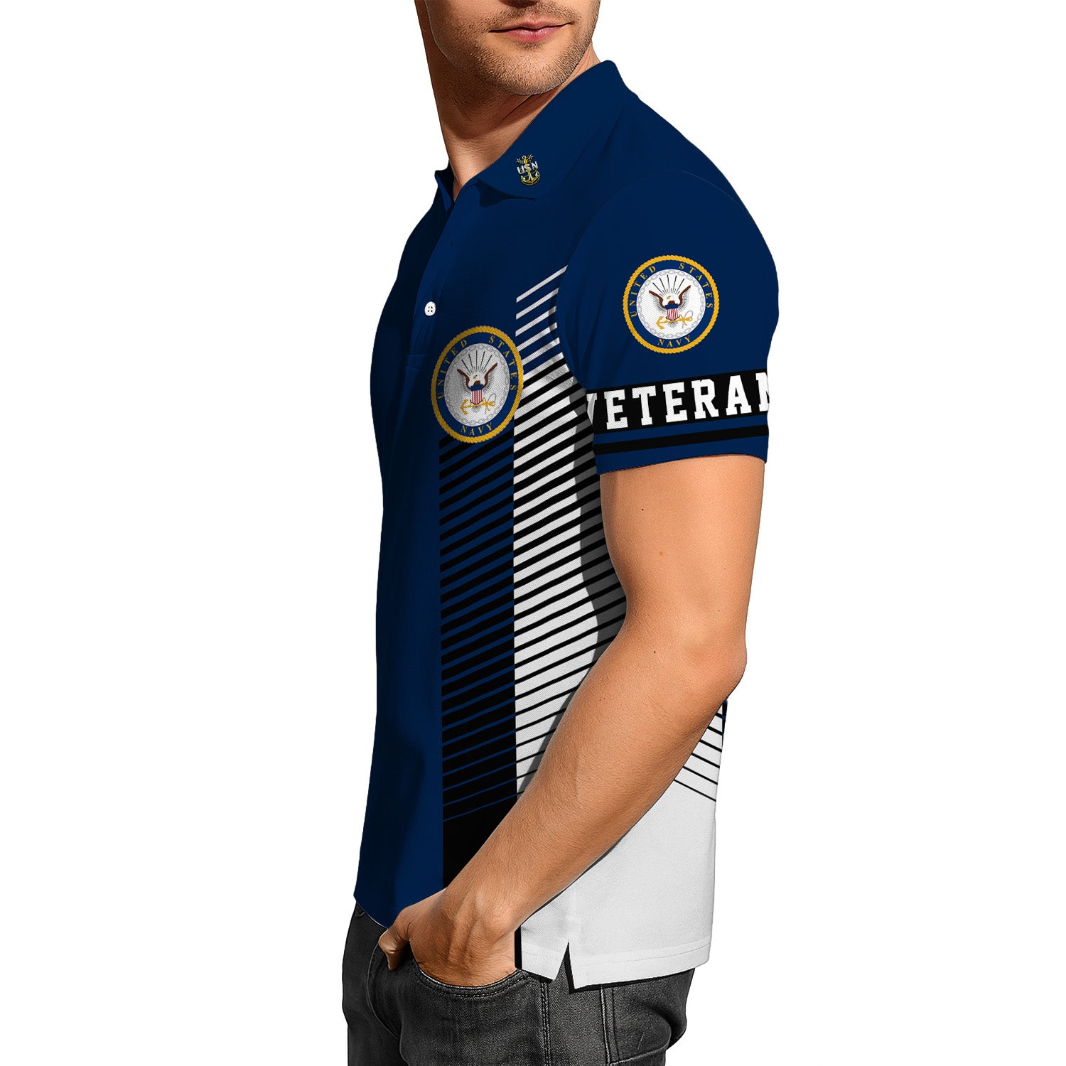 US Navy Veteran Polo Shirt – Modern Stripe Design with Custom Rank & Text