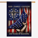 God Family Country House Flag Christian Patriotic USA 250 Years Blessings 1776-2026 Banner