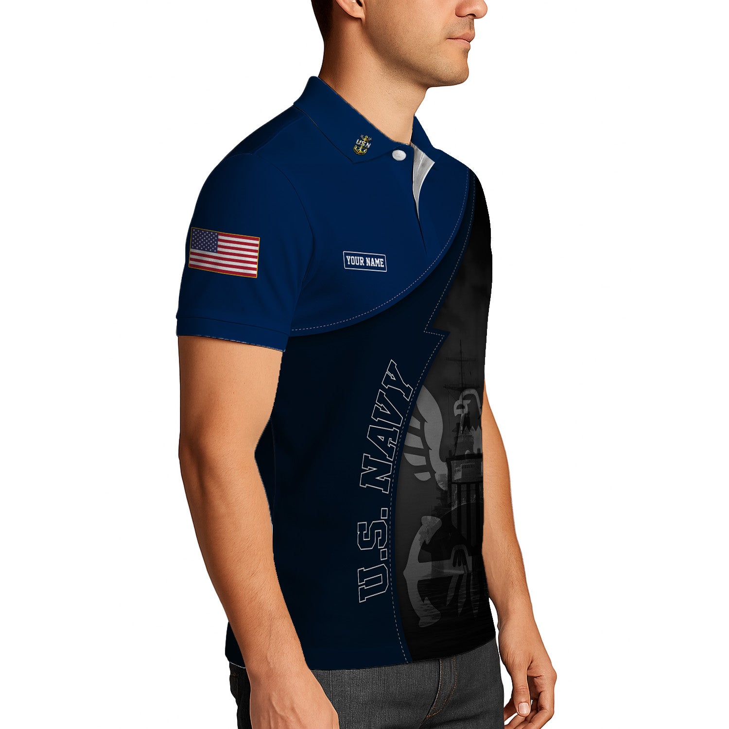 US Navy Polo Shirt – Warship & Eagle Shadow Design with Custom Rank