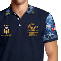 US Navy 250th Anniversary Polo Shirt – Custom Rank & Text with Camo Sleeves