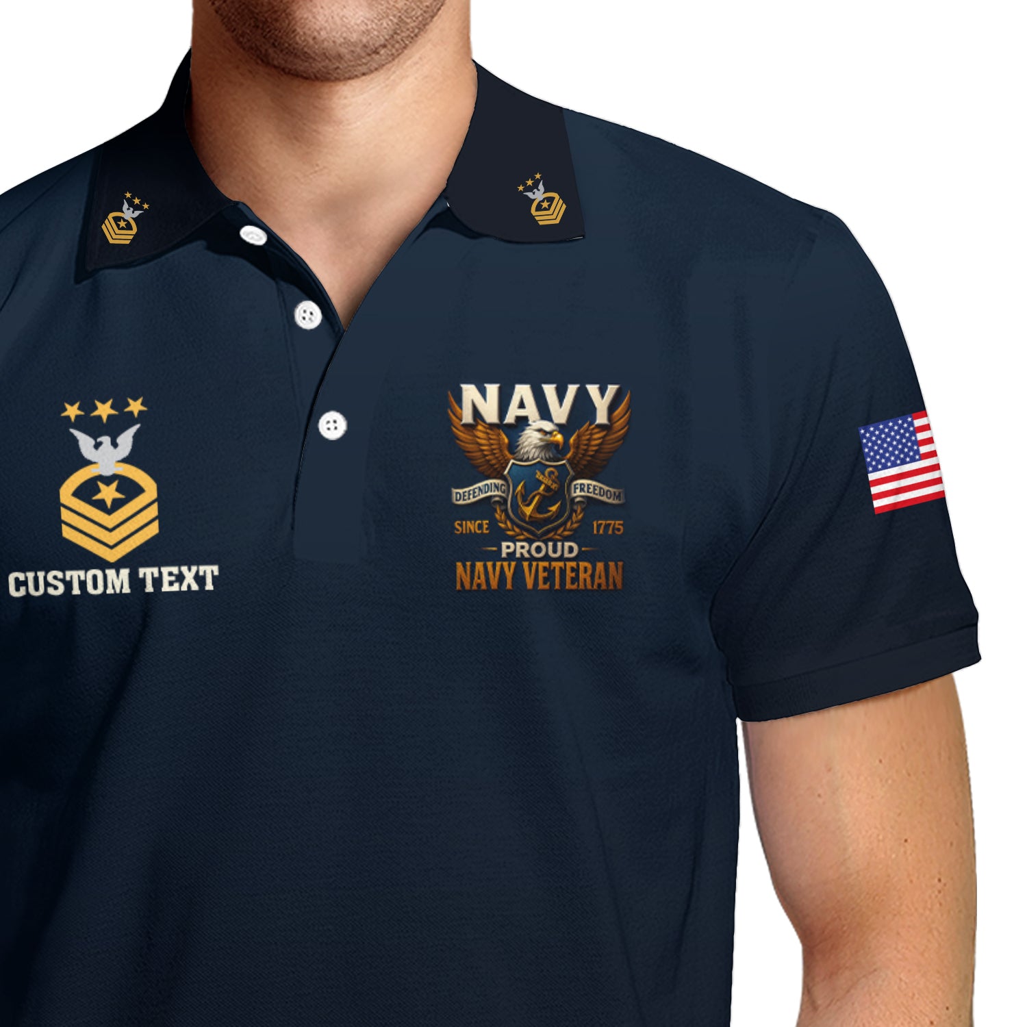US Navy Veteran Polo Shirt – 250th Anniversary Custom Rank & Text
