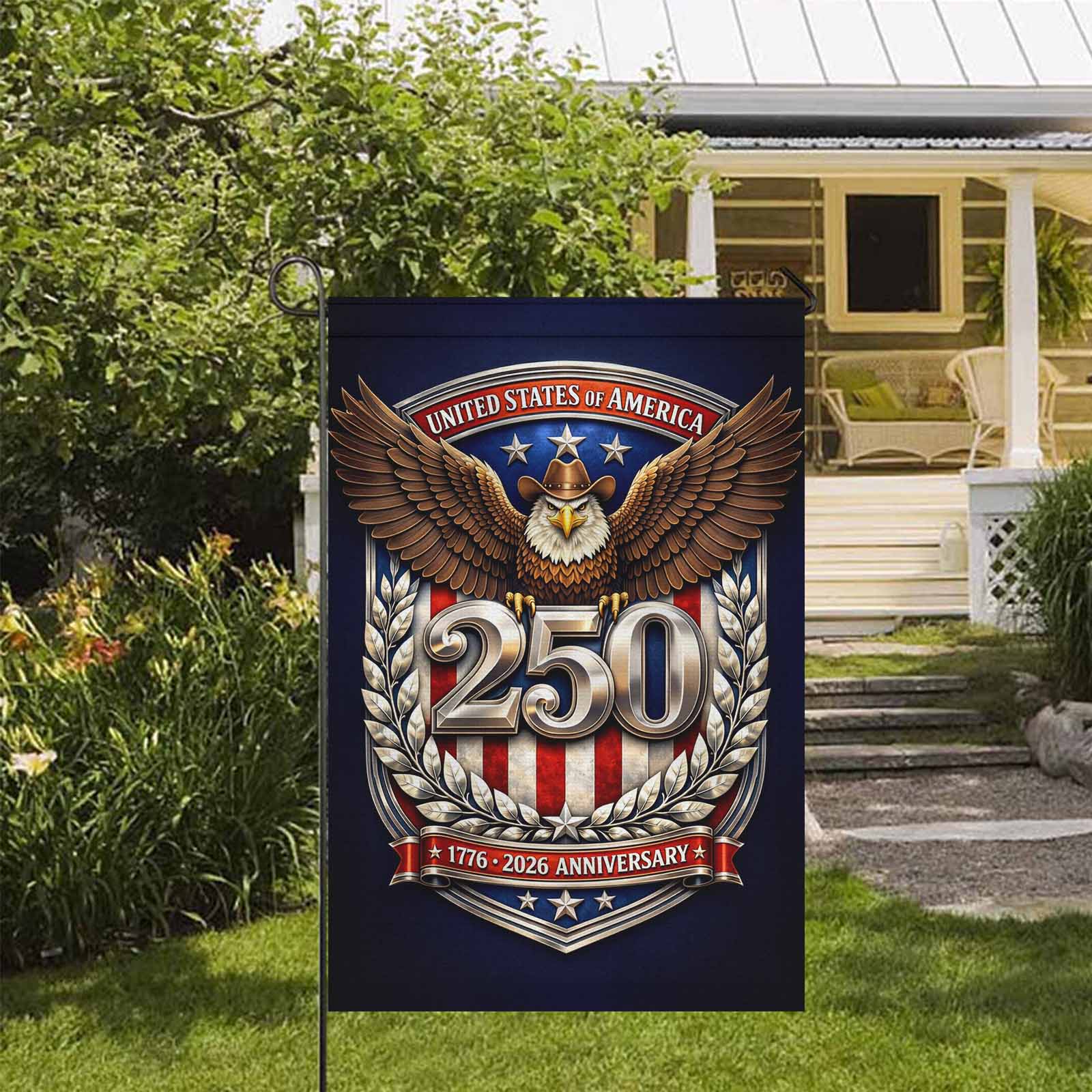 USA 250 Anniversary Garden Flag 1776–2026 Patriotic Eagle Shield Decor