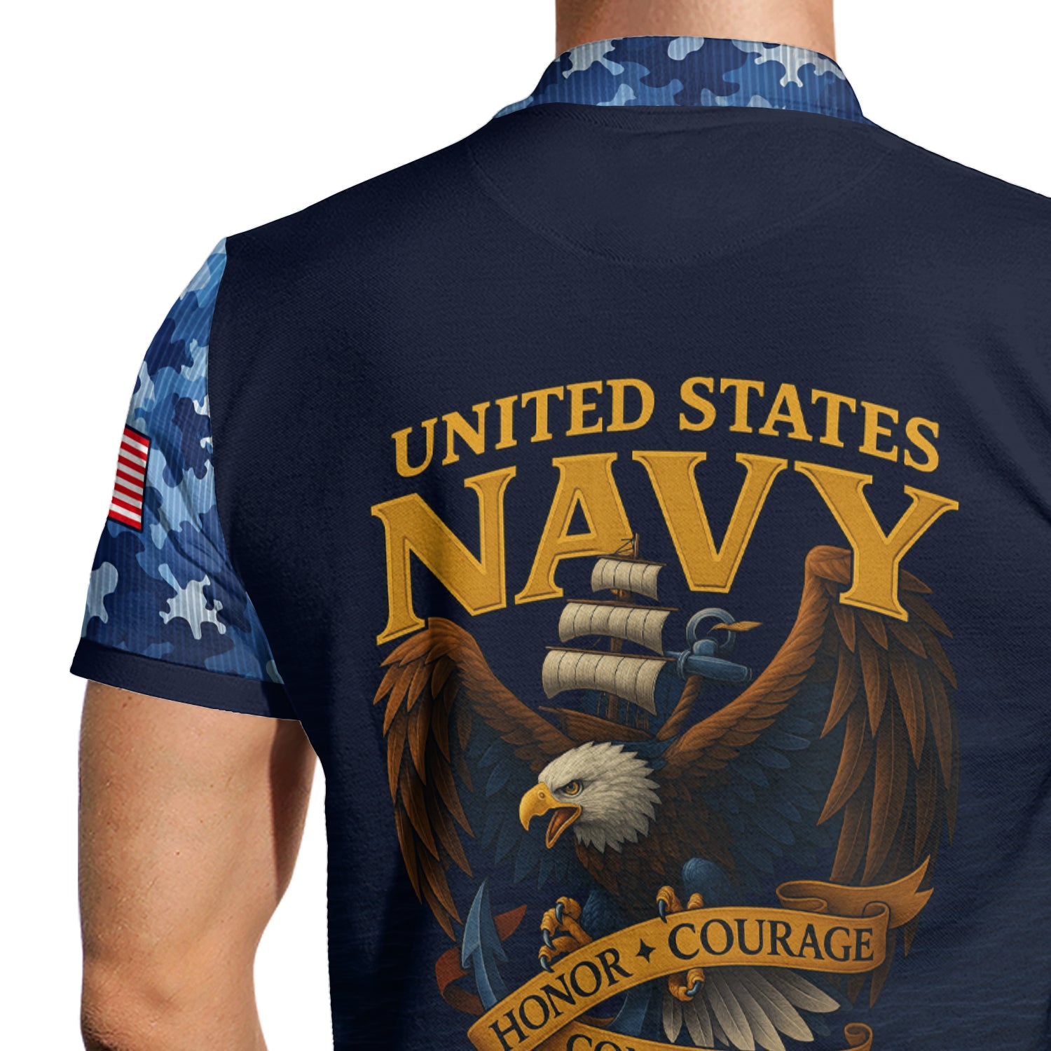 US Navy 250th Anniversary Polo Shirt – Custom Rank & Text with Camo Sleeves