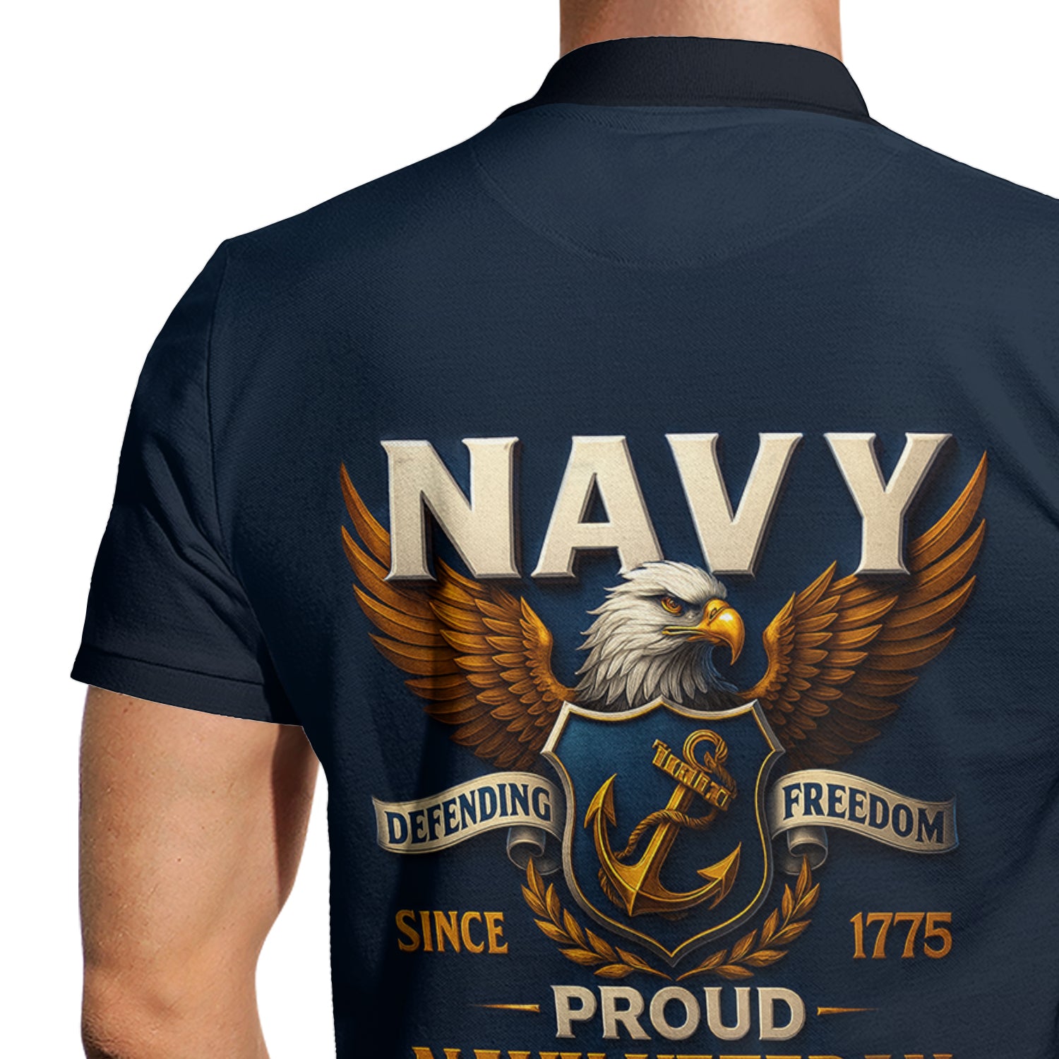 US Navy Veteran Polo Shirt – 250th Anniversary Custom Rank & Text