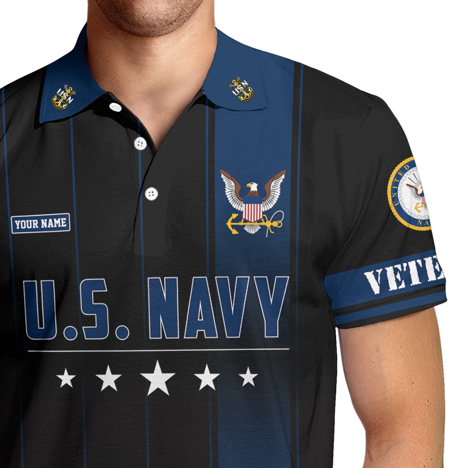 US Navy Polo Shirt – Black & Blue Stripes with Stars Custom Rank