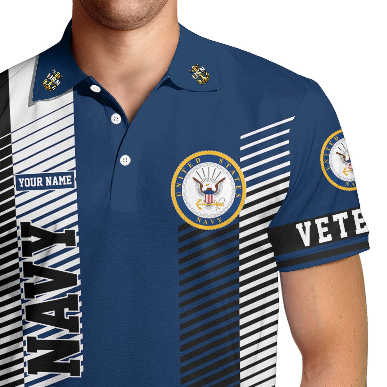 US Navy Veteran Polo Shirt – Modern Stripe Design with Custom Rank & Text