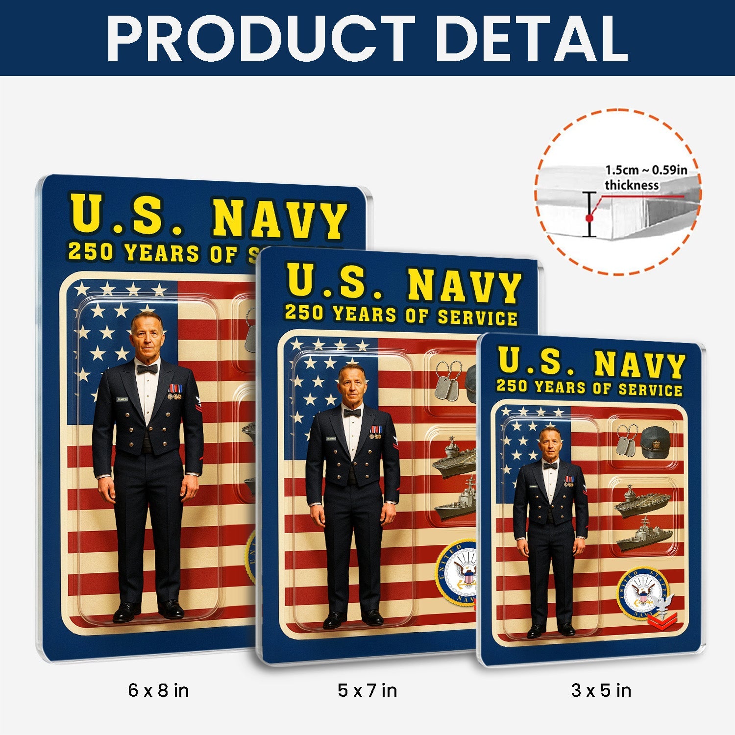 Personalized US Navy 250th Years Of Service Custom Figure Uniform Acrylic Block