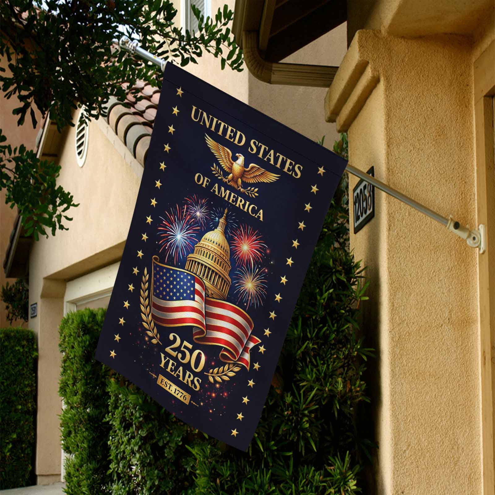 United States 250 Years Garden Flag – Capitol Fireworks Patriotic Decor
