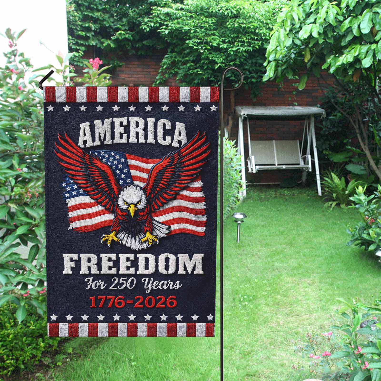 America 250 Garden Flag – Freedom for 250 Years Bald Eagle 1776–2026