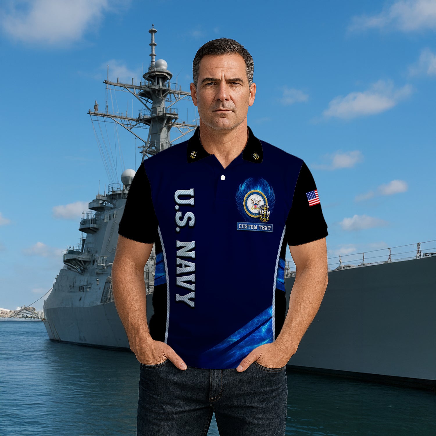 US Navy Polo Shirt – Bold Vertical Text & Navy Seal