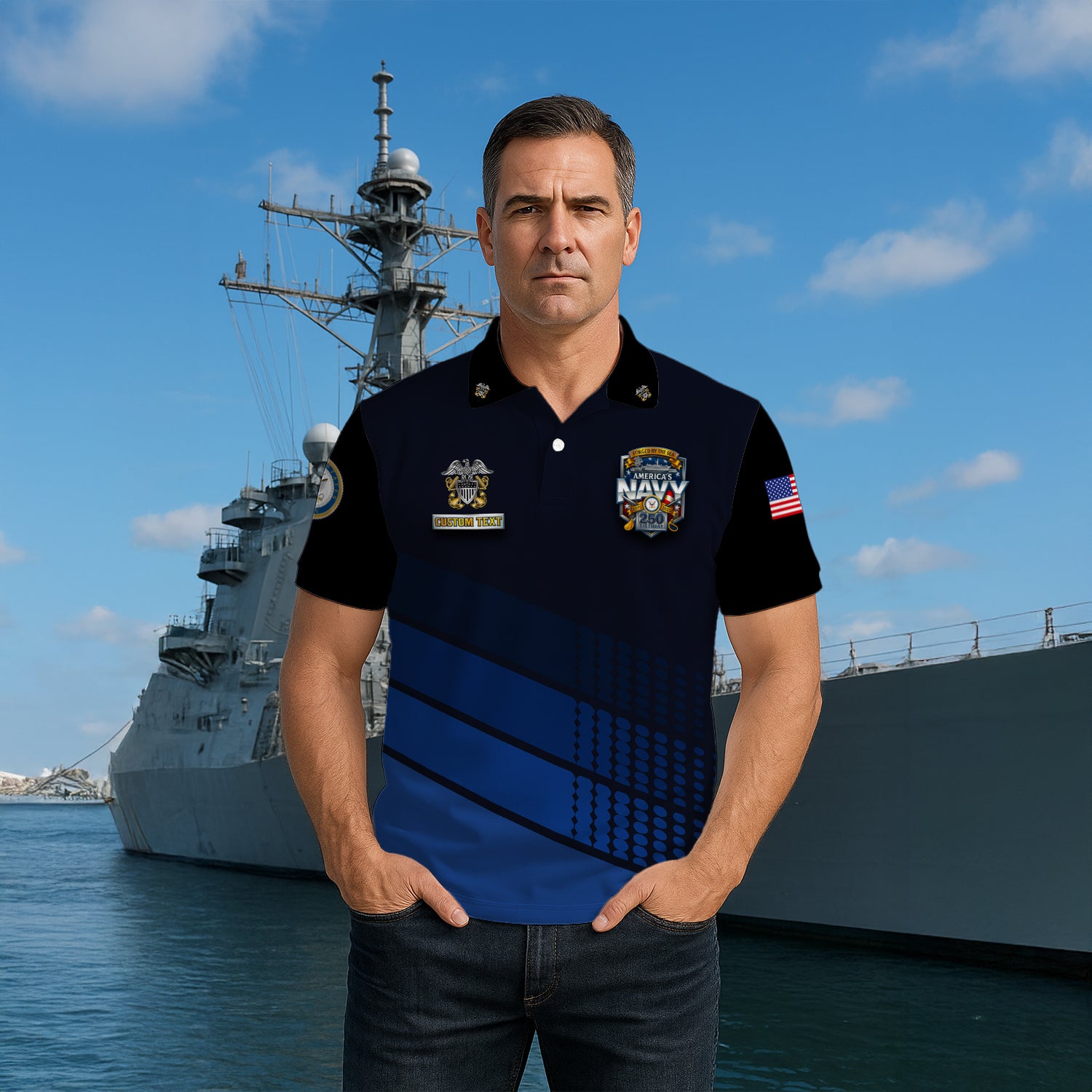 US Navy 250th Anniversary Polo Shirt – Modern Blue Design with Custom Rank