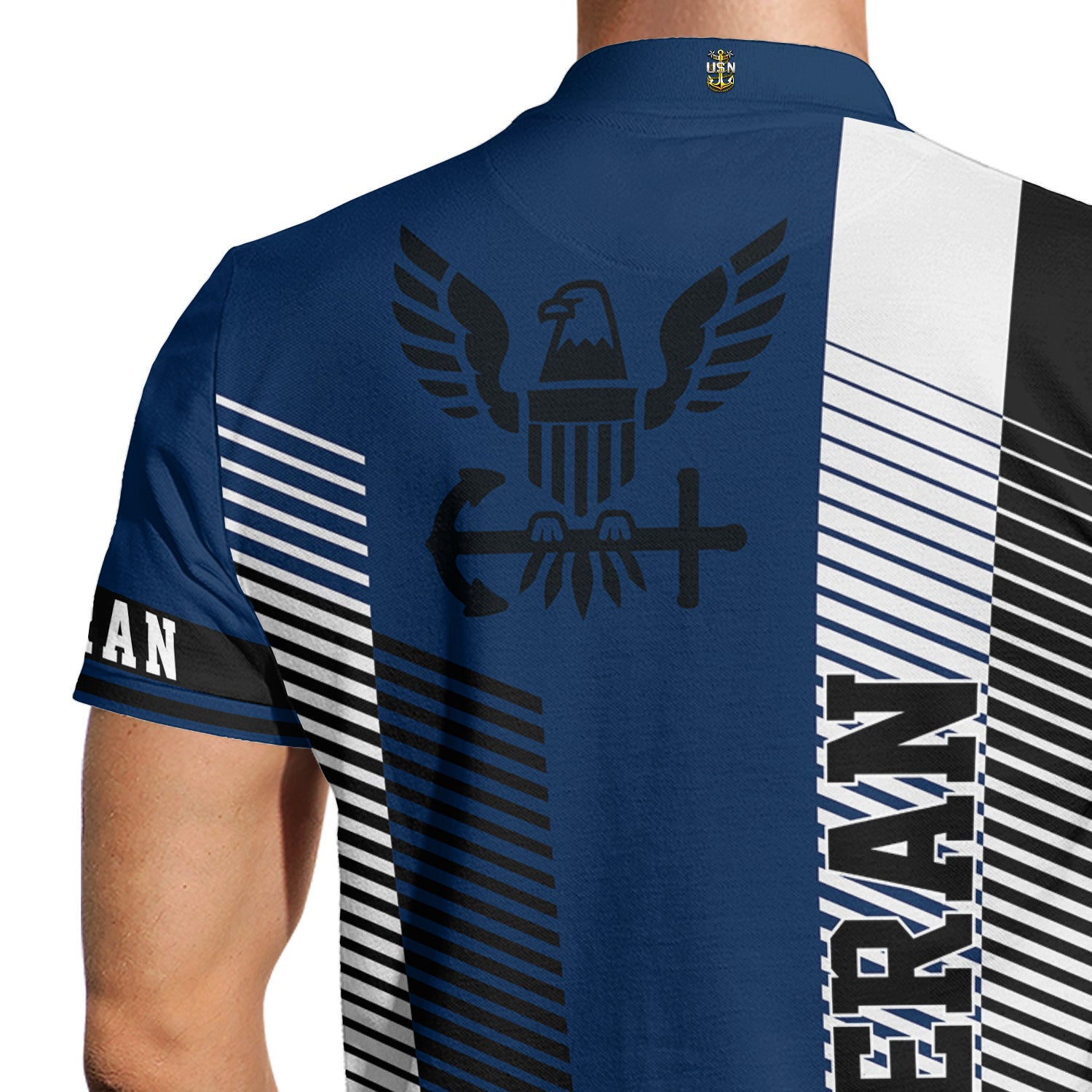 US Navy Veteran Polo Shirt – Modern Stripe Design with Custom Rank & Text