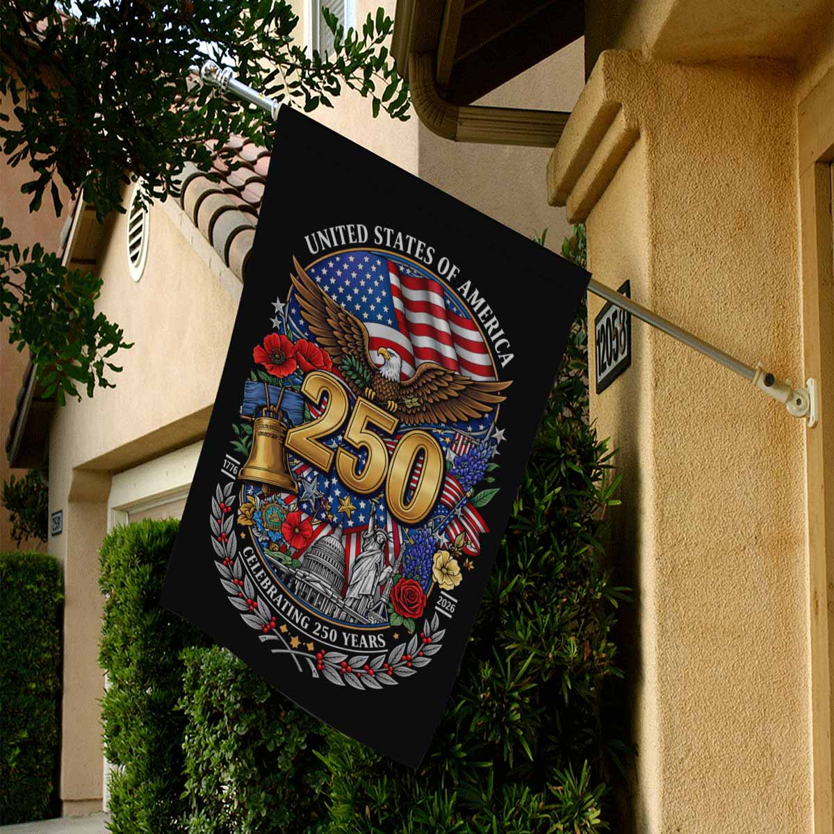 USA 250 Anniversary House Flag Patriotic Eagle Liberty Bell Decor