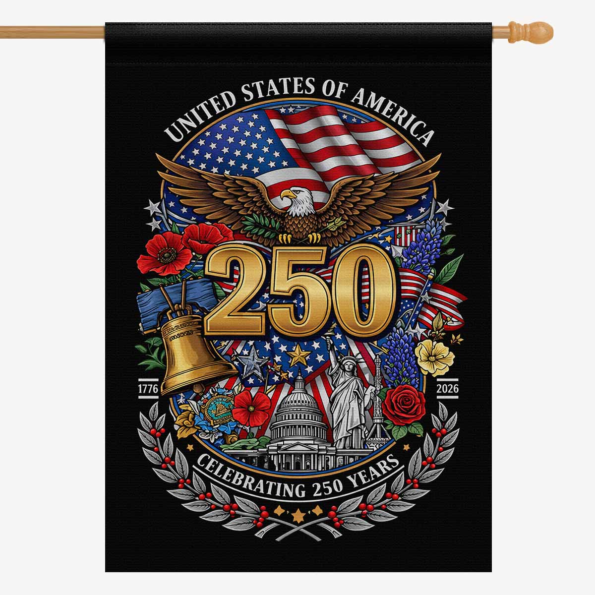 USA 250 Anniversary House Flag Patriotic Eagle Liberty Bell Decor