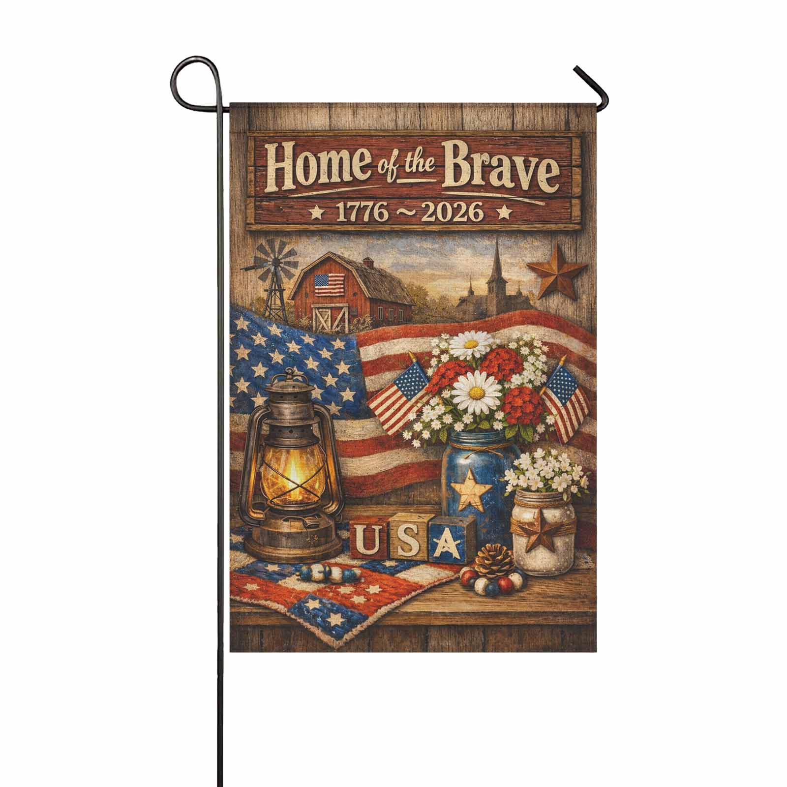 America 250 Garden Flag Home of the Brave Patriotic Farmhouse USA Flag 1776-2026
